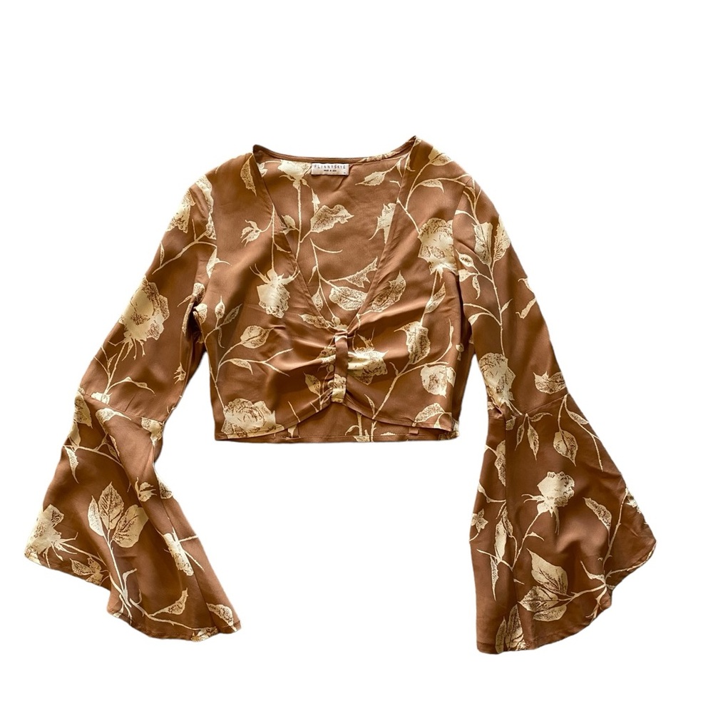 Flynn Skye Floral Bell Sleeve’s Tan & Cream Zipper Top Blouse Great Condition!